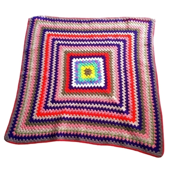 Crochet Afghan Blanket Retro Granny Square Bright Colors Knit Handmade - Picture 4 of 11